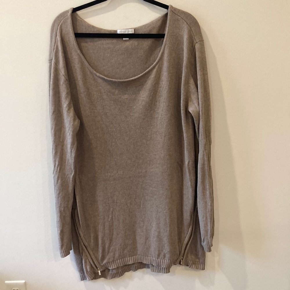 New York & Co scoop neck long sweater cotton zip up side tan sweater size XL